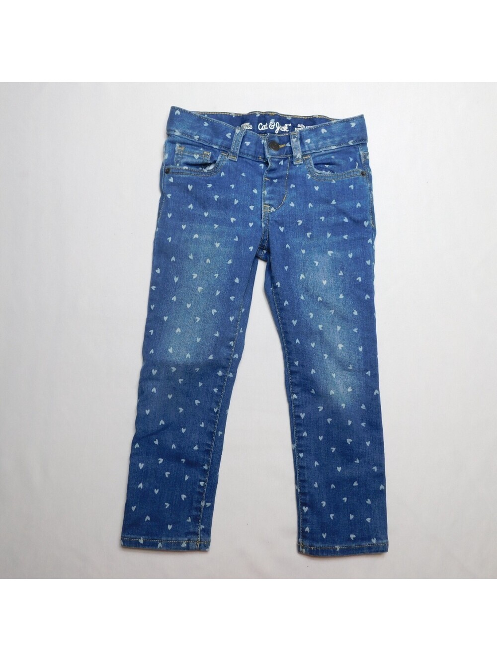 Cat & Jack Girls Jeans Size 4T Blue Heart Print Skinny Super Stretch Denim Pants